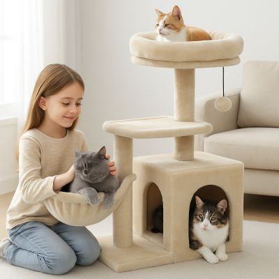 arbre a chat classique beige avec fillette