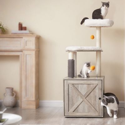 arbre a chat en bois multitaches avec cheminee