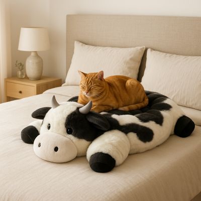 coussin chat amour vache noir avec chat roux