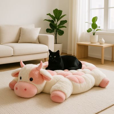 coussin chat amour vache rose avec chat noir