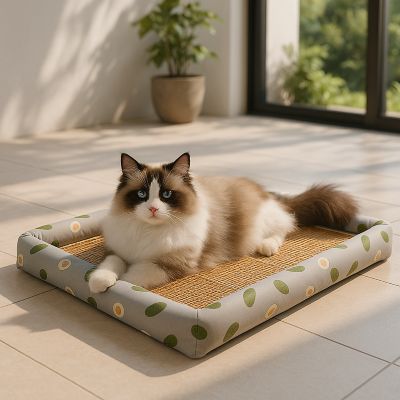 coussin chat relax fraicheur sur une terrasse