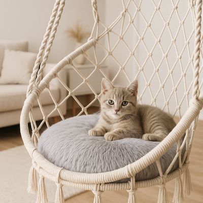 coussin pour chat douxflocon gris dans un macrame