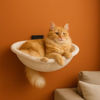 hamac pour chat basket blanc avec chat roux