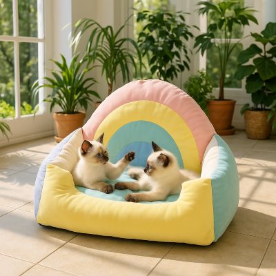 lit pour chat arc en ciel avec deux chats
