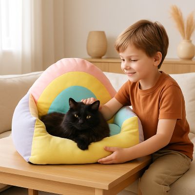 lit pour chat arc en ciel avec enfant