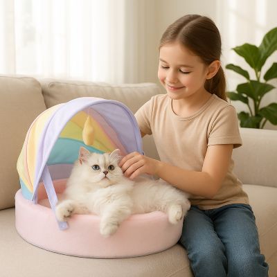 lit pour chat arc en ciel avec fillette