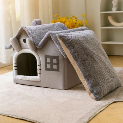 maison pour chat doubletoit grise avec coussin amovible