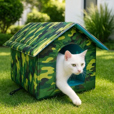 niche pour chat exterieur climax vert dans un jardin