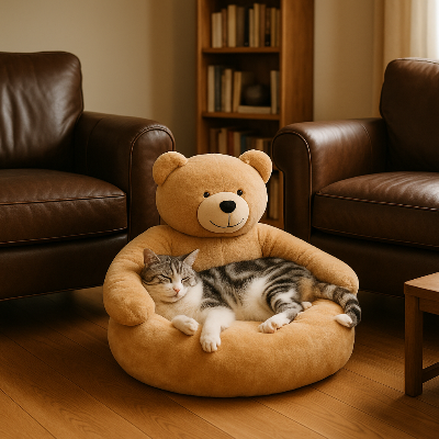panier pour chat nounours beige