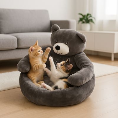 panier pour chat nounours gris