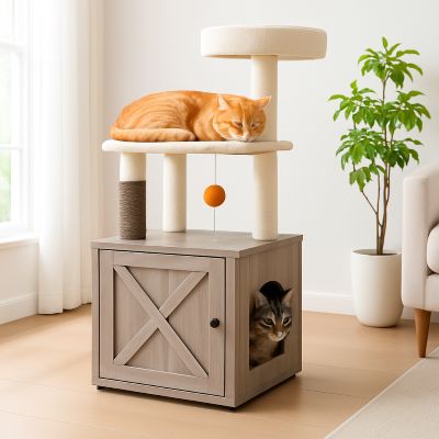 arbre a chat en bois multitaches avec deux chats