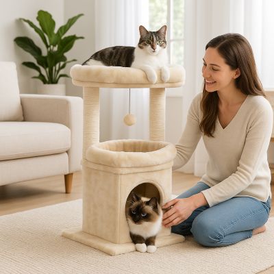 arbre a chat pas cher rondo beige avec femme