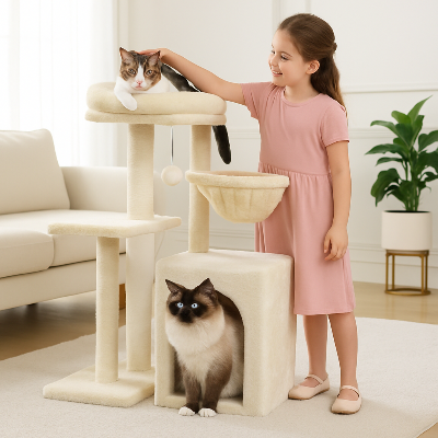 arbre a chat utile beige avec fillette