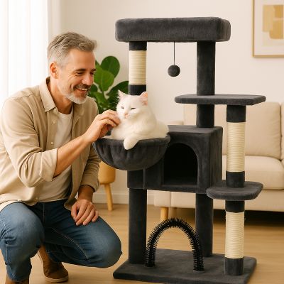 arbre a chat vistapalace gris avec homme souriant