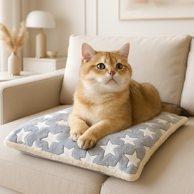 coussin chat plaid confort bleu