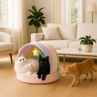 lit pour chat arc en ciel avec  trois chats